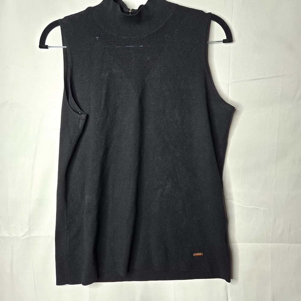 T. TAHARI Black Sleeveless Knit Mock-Neck Sleeveless Sweater Chic Pearl Zipper